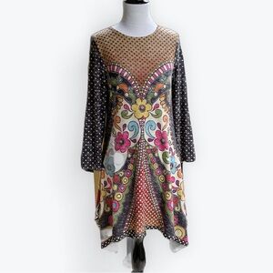 Maximalist Whimsical Boho-Chic Artsy Colorful Dopamine Mod Floral Tunic Dress ~M